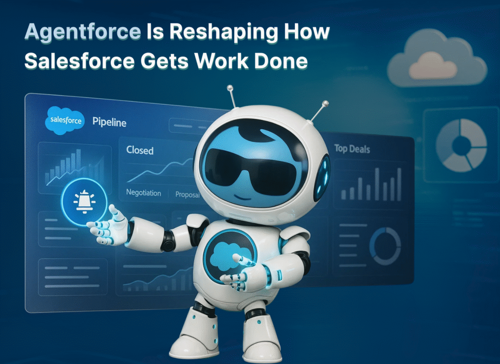Salesforce Agentforce blog banner showing an AI bot managing Leads, Cases, and Campaign objects with a Dreamforce 2025 badge